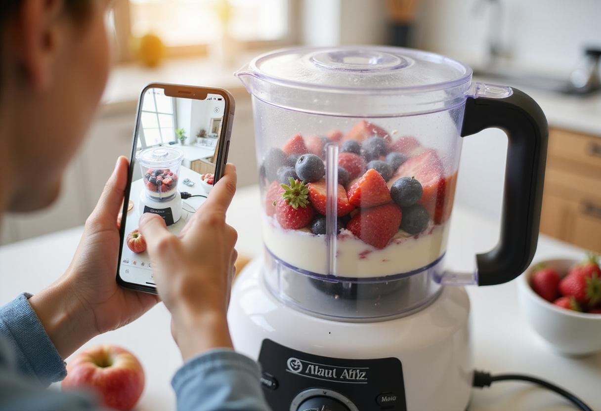 Blending yogurt and fruits for a healthy frozen yogurt calories recipe, showcasing the vibrant mixture in a food processor.