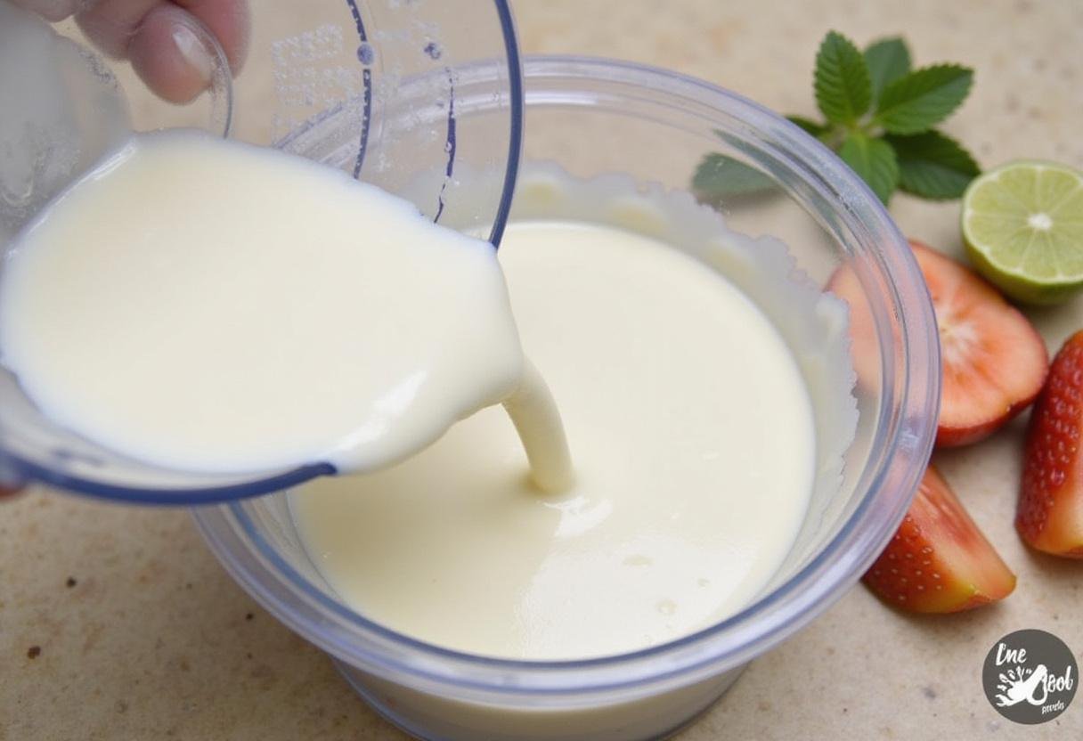 Pouring blended yogurt mixture into a container for freezing, ideal for creating delicious frozen yogurt kcal.