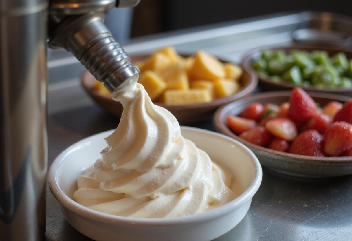 Using a frozen yogurt machine to churn the creamy mixture, essential in preparing frozen yogurt calories with delightful toppings.