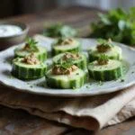Beautifully arranged light Persian cucumber bites with yogurt dip, a healthy appetizer showcasing low-calorie ingredients.