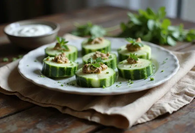 Beautifully arranged light Persian cucumber bites with yogurt dip, a healthy appetizer showcasing low-calorie ingredients.