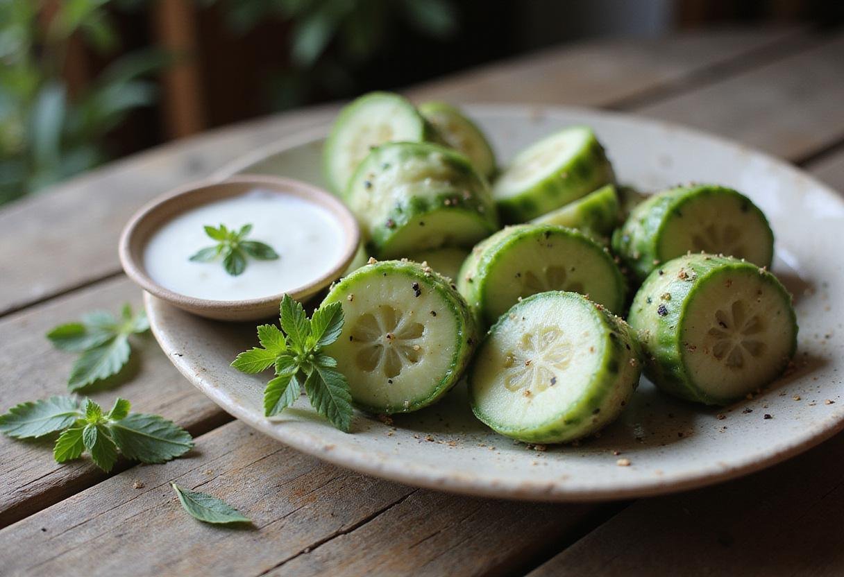 Beautifully arranged light Persian cucumber bites with yogurt dip, a healthy appetizer showcasing low-calorie ingredients.