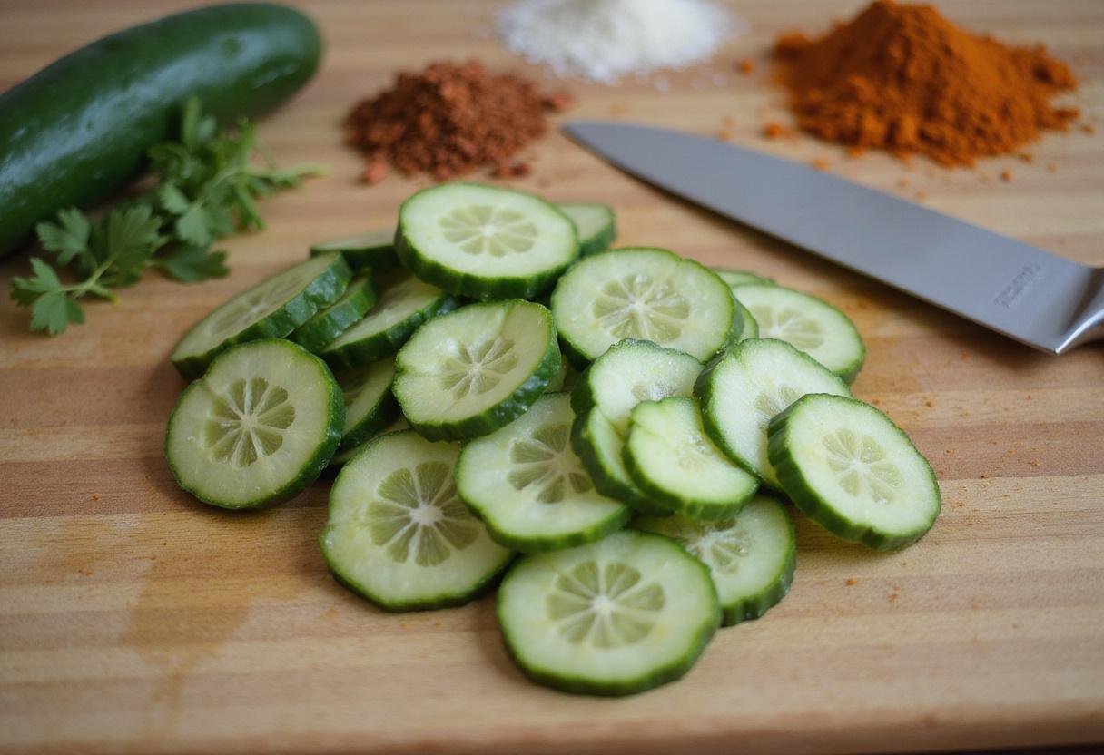Slicing Persian cucumbers for low-calorie bites, showcasing fresh ingredients and preparation process.