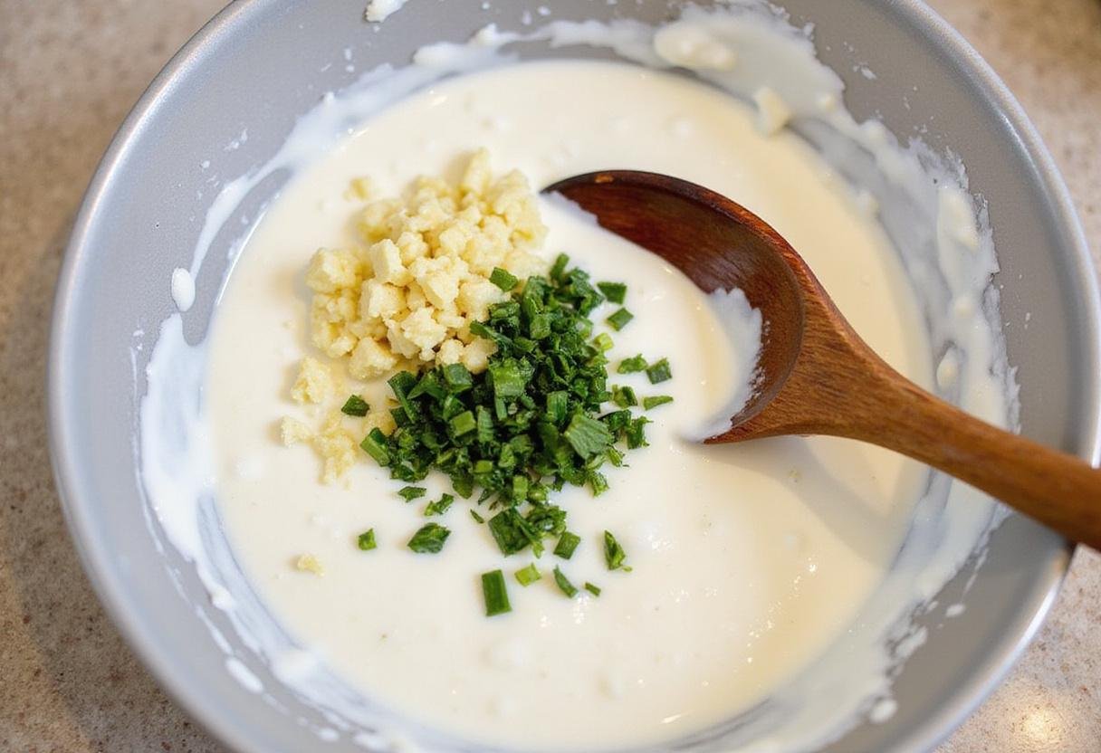 Preparing a yogurt and herb mixture for Persian cucumber appetizers, enhancing the dish's flavor and nutrition.