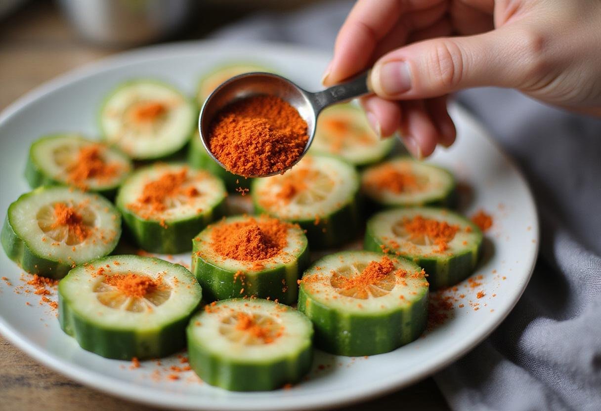 Adding paprika to Persian cucumber bites for garnishing, showcasing a vibrant and appetizing presentation.