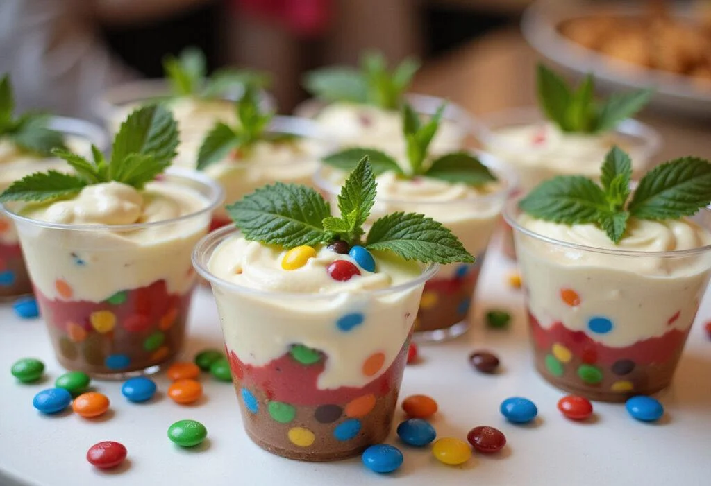 Charming display of M&M yogurt fusion dessert cups garnished beautifully, ideal for sharing.