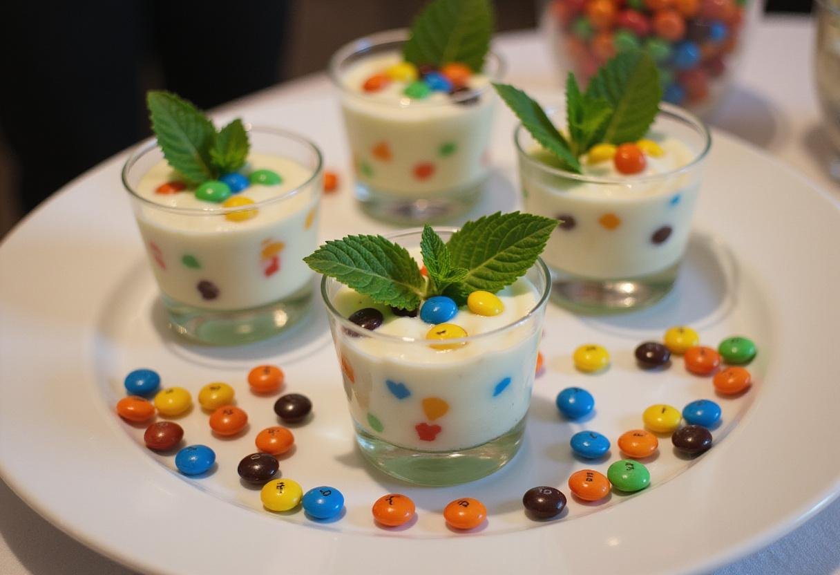 Charming display of M&M yogurt fusion dessert cups garnished beautifully, ideal for sharing.