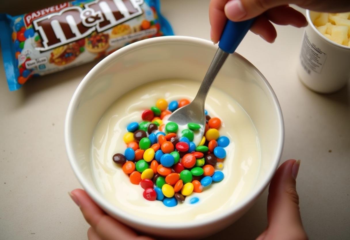 Colorful M&M yogurt fusion preparation with vibrant candies and creamy yogurt.