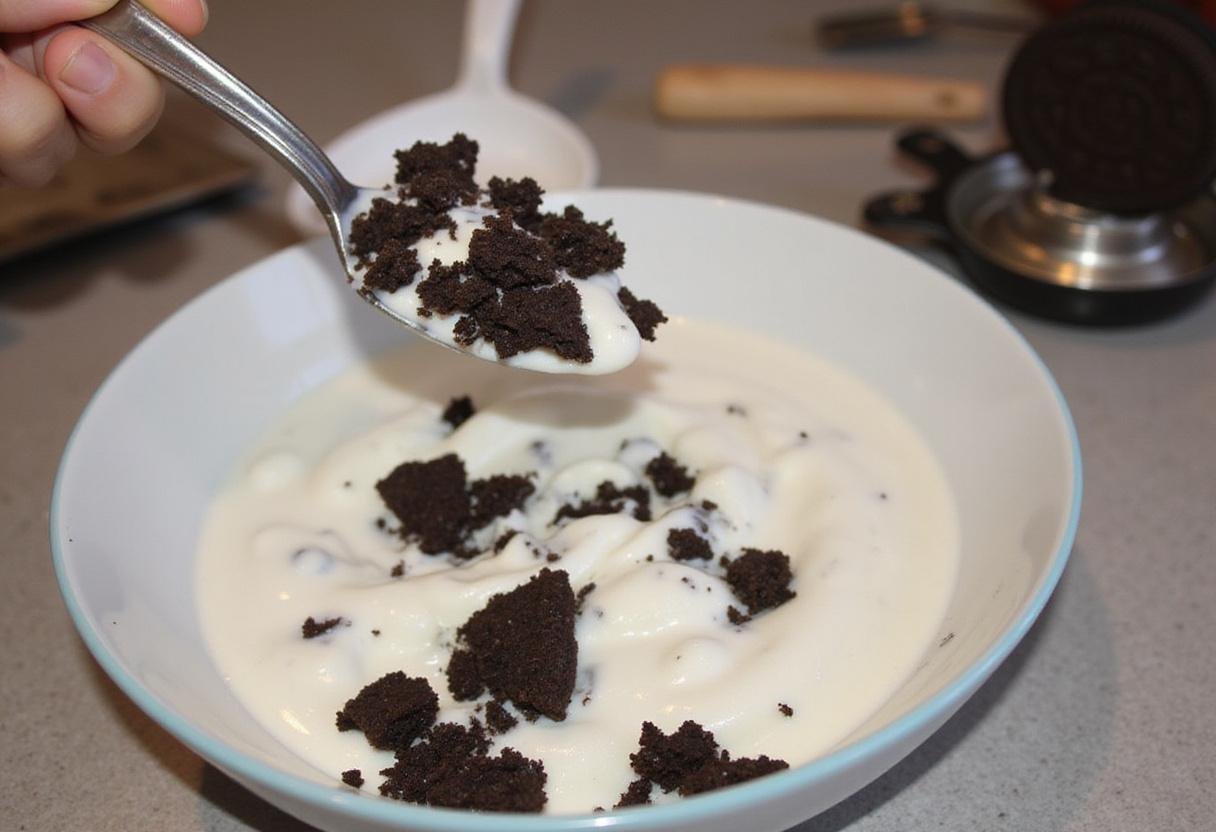Adding crushed Oreo cookies to M&M yogurt fusion for a delicious, creamy dessert.