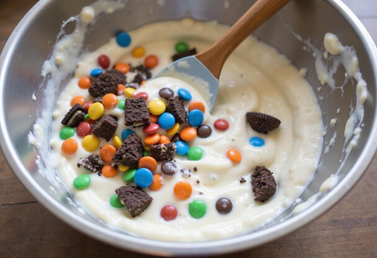 A creamy M&M yogurt mixture with crushed Oreos ready for serving, showcasing vibrant colors.