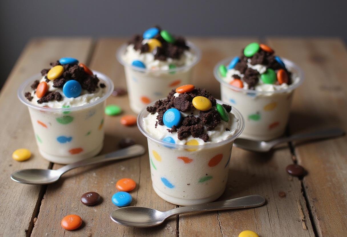 Delicious M&M yogurt fusion served in cups, topped with M&M's and Oreo crumbs for an enticing dessert.
