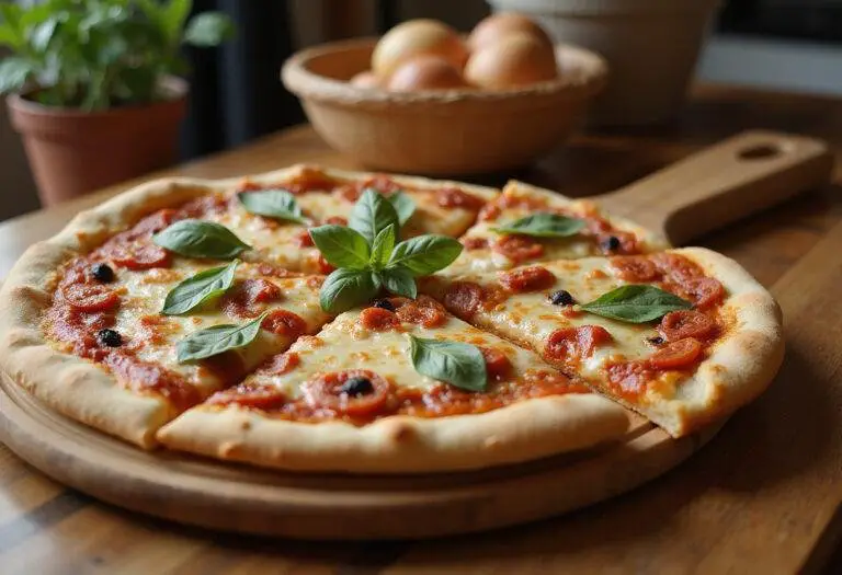 Deliciously baked Medi's Mediterranean pizza ready to serve, showcasing its colorful toppings and cheesy goodness.