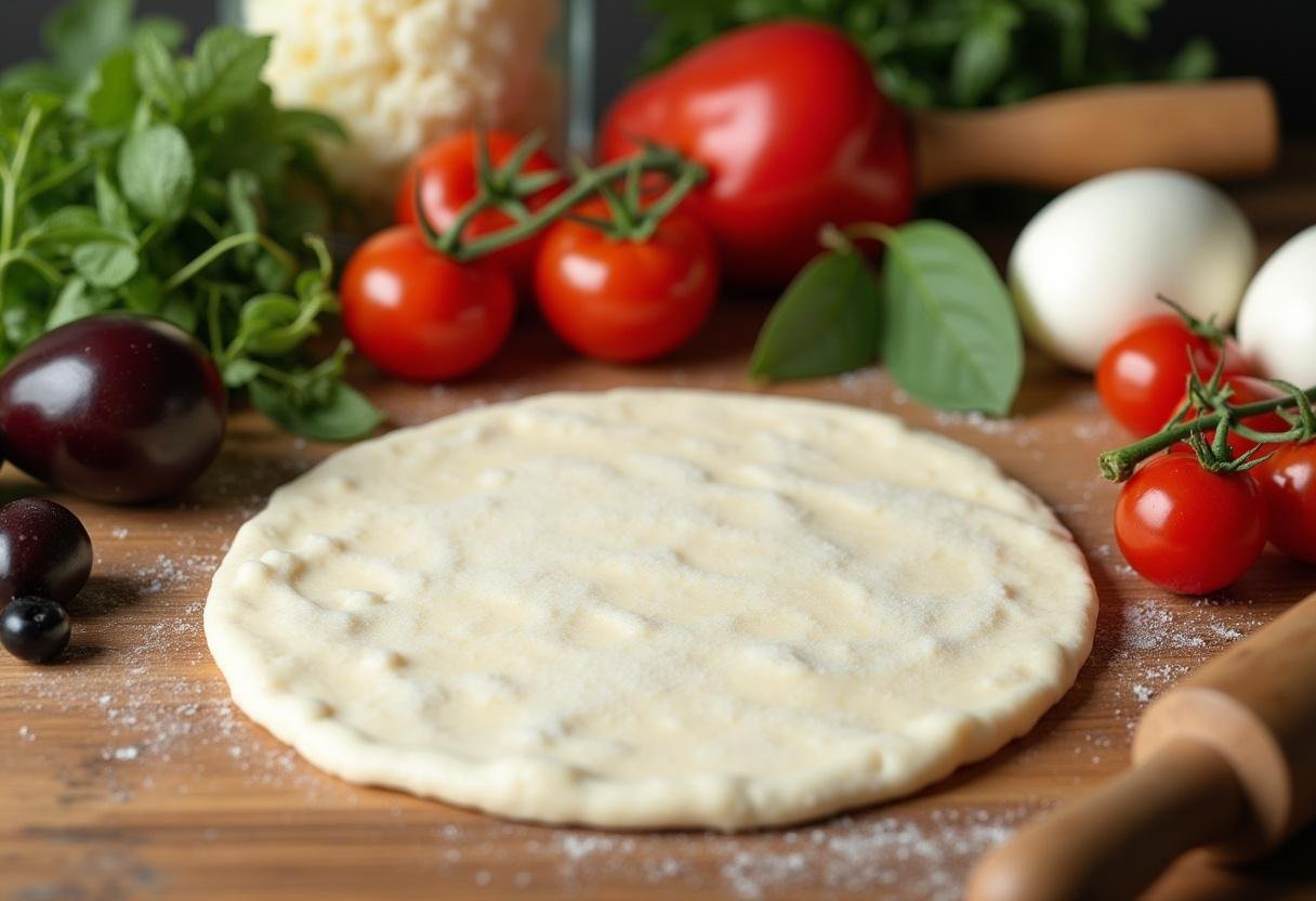 Fresh ingredients and dough preparation for Medi's Mediterranean pizza, featuring tomatoes, olives, and mozzarella cheese.