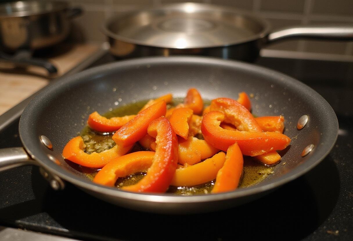 Sauteeing bell peppers in olive oil for Medi's Mediterranean pizza, capturing vibrant colors and delicious flavors.