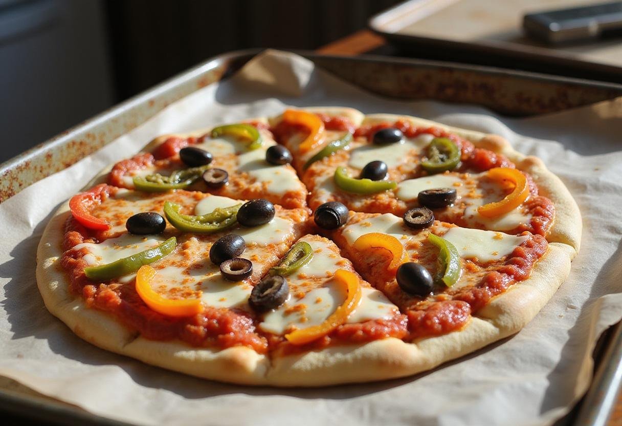 Toppings ready on Medi's Mediterranean pizza crust, showcasing vibrant ingredients and a perfect blend of flavors.