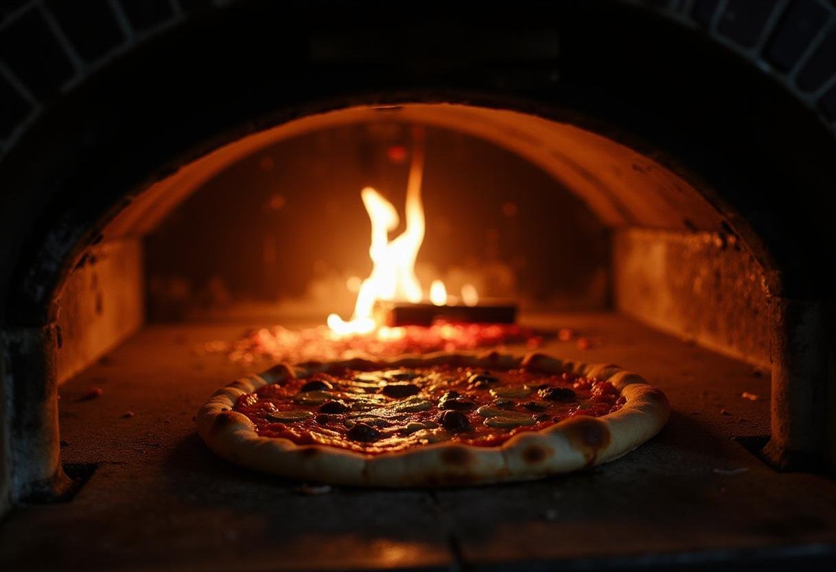 Medi's Mediterranean pizza going into the oven, demonstrating the final baking step for a delicious meal.