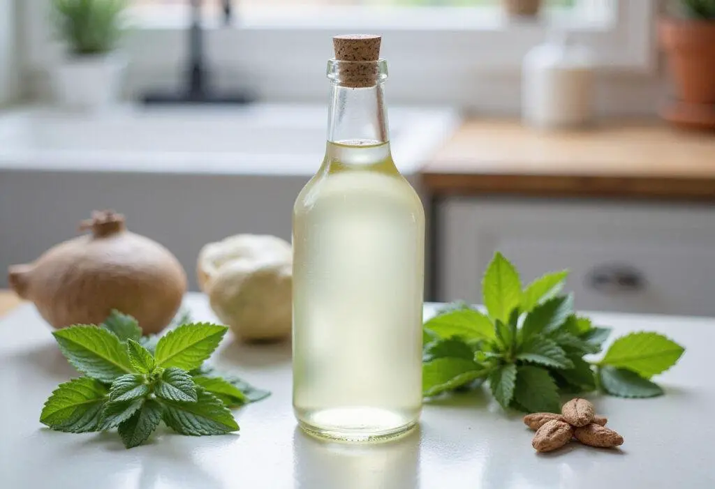 final result of a natural homemade mouthwash recipe displayed with fresh mint leaves and ingredients on a kitchen counter