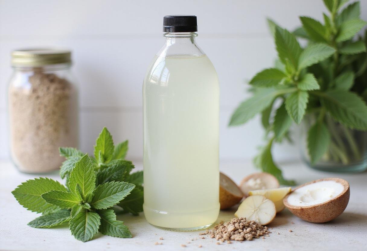 final result of a natural homemade mouthwash recipe displayed with fresh mint leaves and ingredients on a kitchen counter
