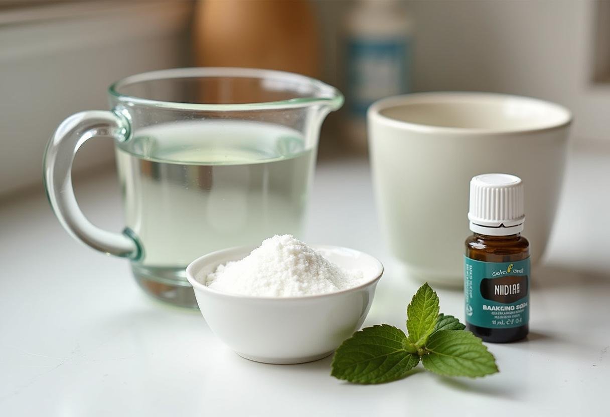 natural homemade mouthwash recipe ingredients like distilled water and baking soda on a kitchen counter