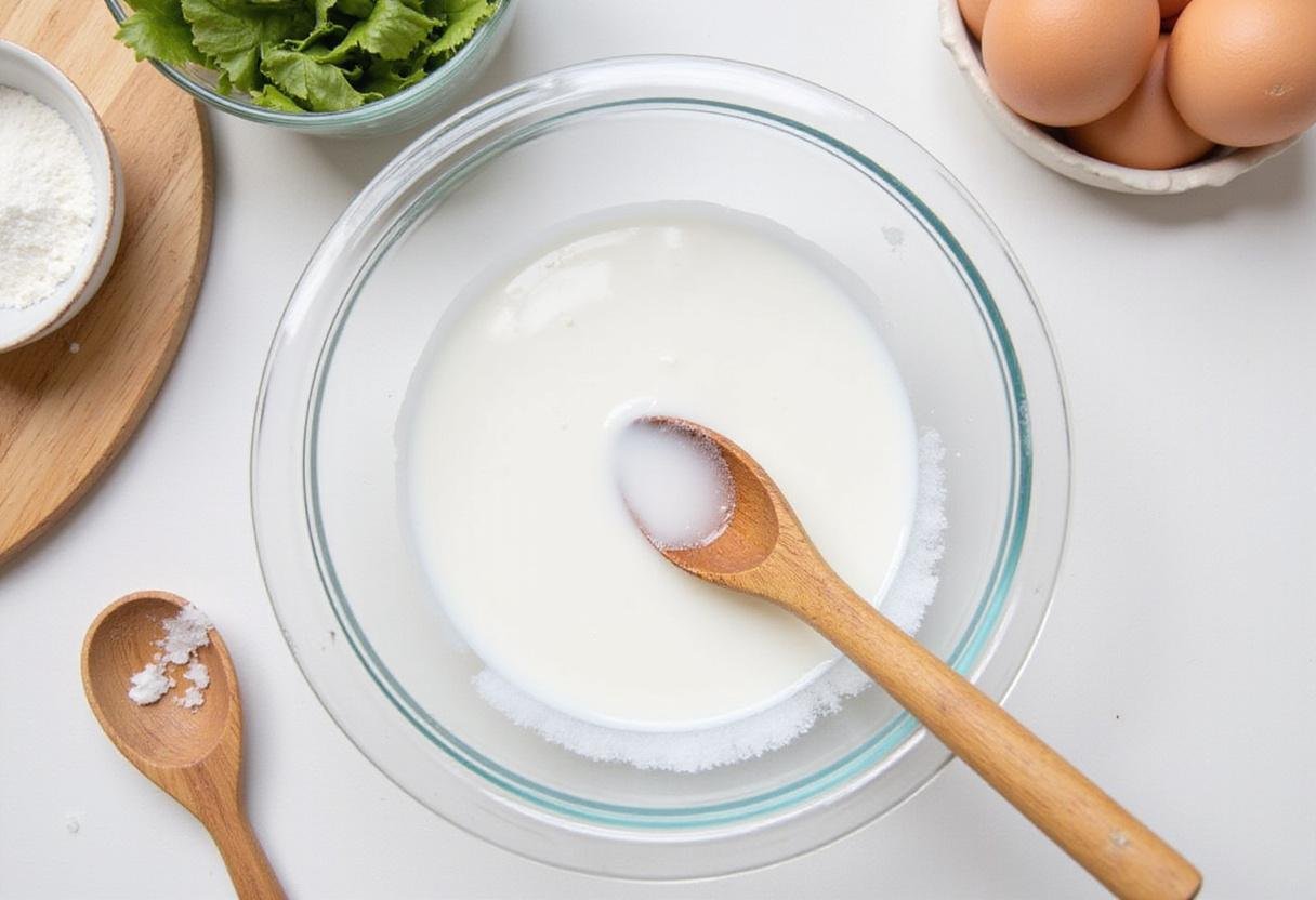 mixing ingredients for homemade mouthwash recipe in a bowl with a wooden spoon on a kitchen countertop