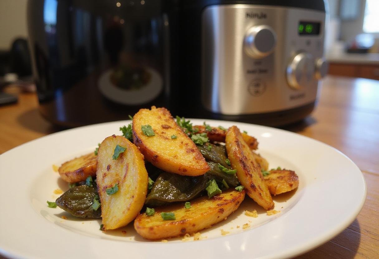 Final result of Ninja air fryer creations served on a plate, highlighting crispy textures and vibrant colors.