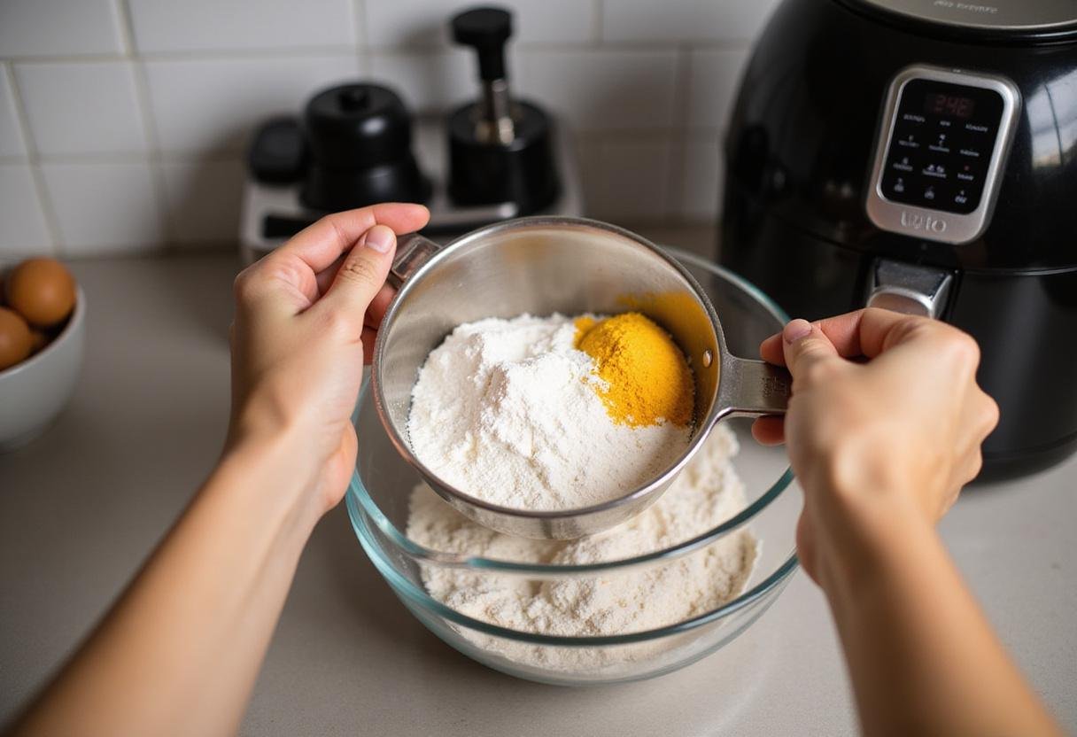 Ninja air fryer recipes flour and corn starch preparation in a bright kitchen.