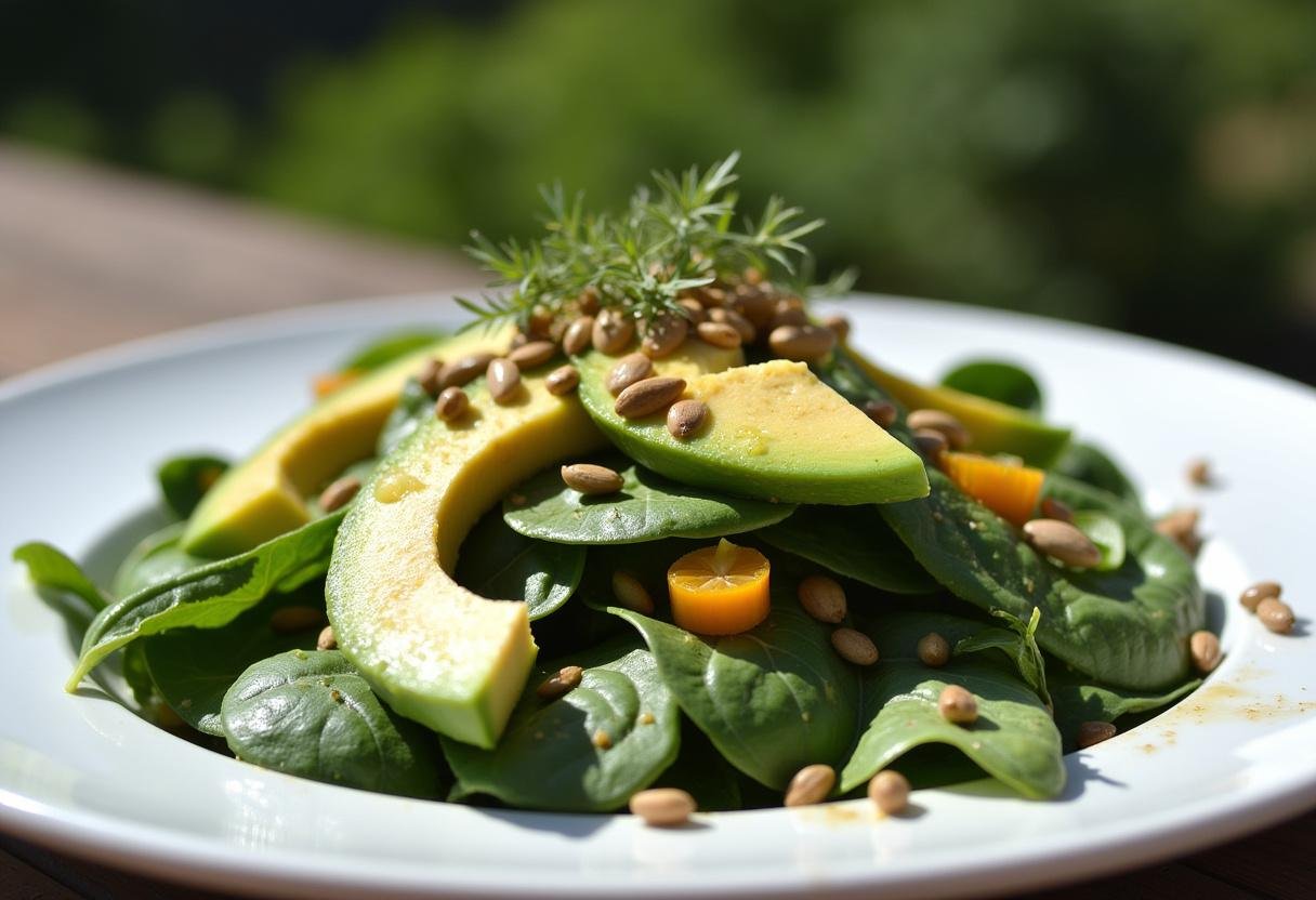 A vibrant Nutritious Bloomsdale Spinach Salad presented elegantly with toppings, ready to be enjoyed.
