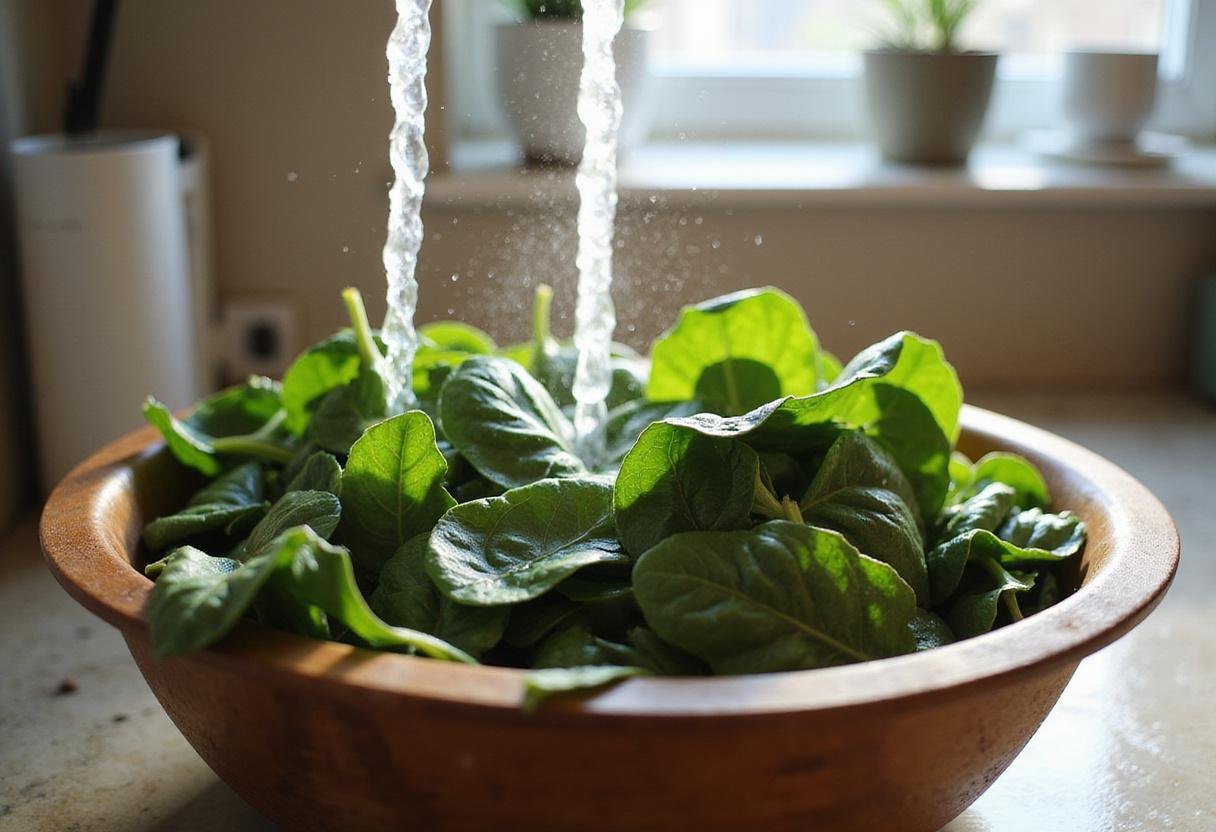Fresh Bloomsdale spinach being washed in a bright kitchen for a nutritious salad.