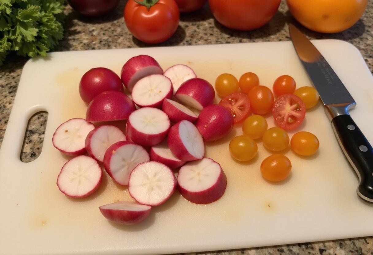 Sliced radishes and cherry tomatoes ready for a nutritious Bloomsdale spinach salad.