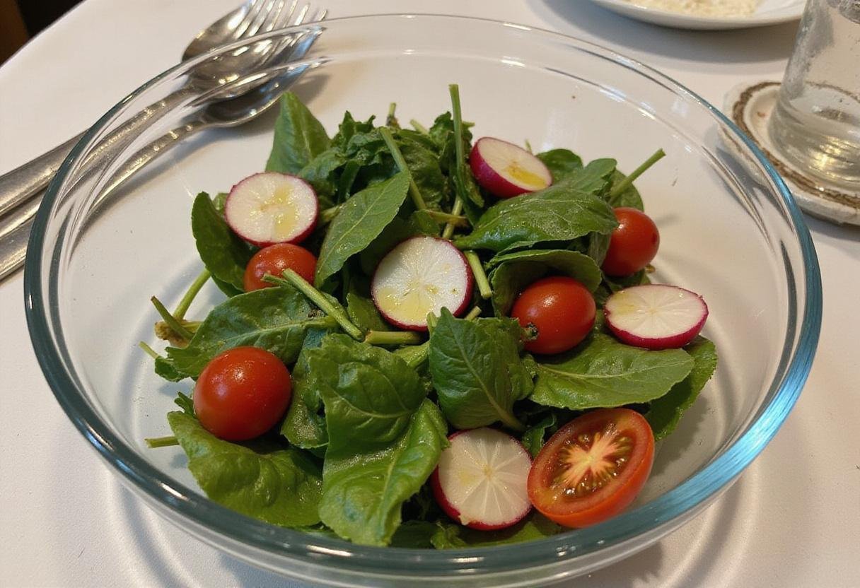 Preparing a nutritious Bloomsdale spinach salad by tossing fresh ingredients in a glass bowl.