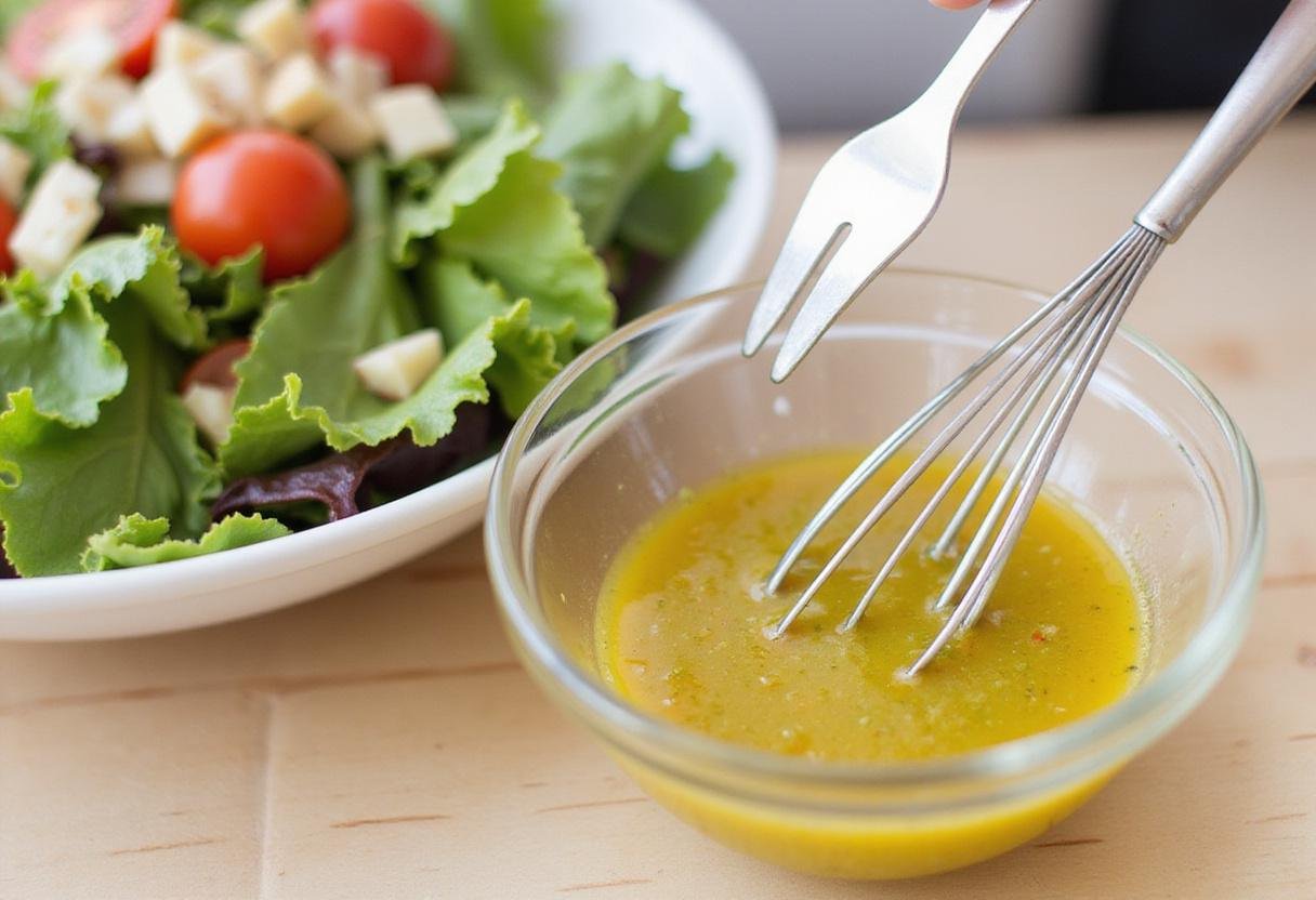 Whisking a tangy vinaigrette dressing for a delicious Bloomsdale spinach salad.