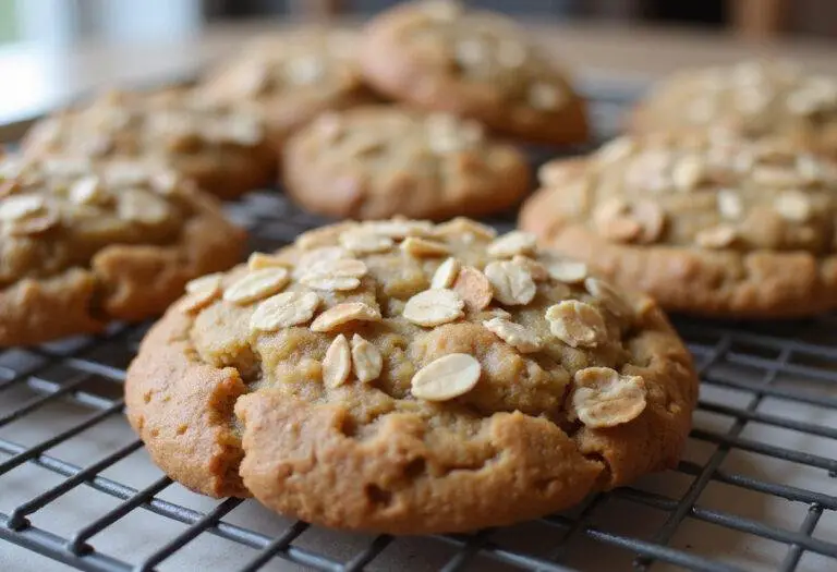 Perfectly baked oatmeal protein cookies cooling on a rack, ideal for a healthy snack or energy boost.
