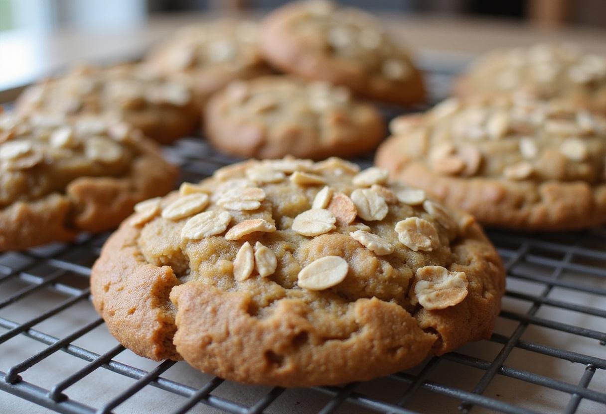 Perfectly baked oatmeal protein cookies cooling on a rack, ideal for a healthy snack or energy boost.