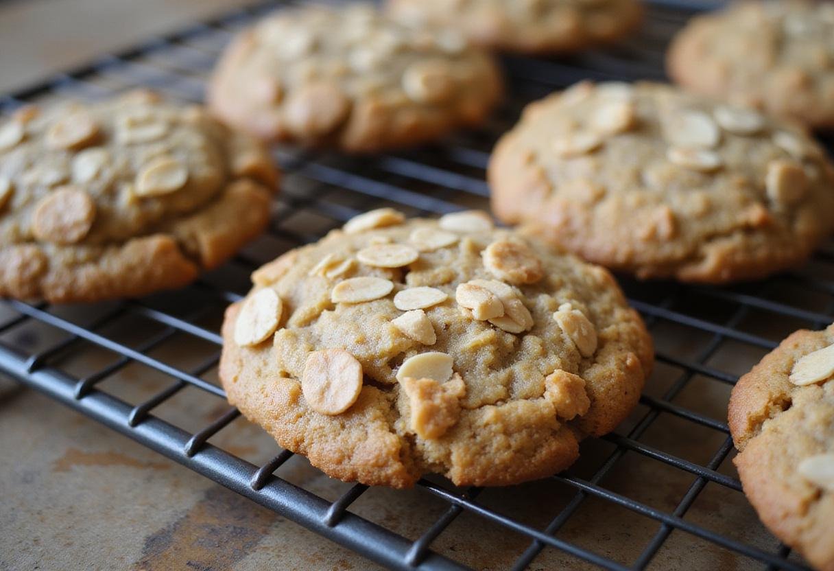 Perfectly baked oatmeal protein cookies cooling on a rack, ideal for a healthy snack or energy boost.