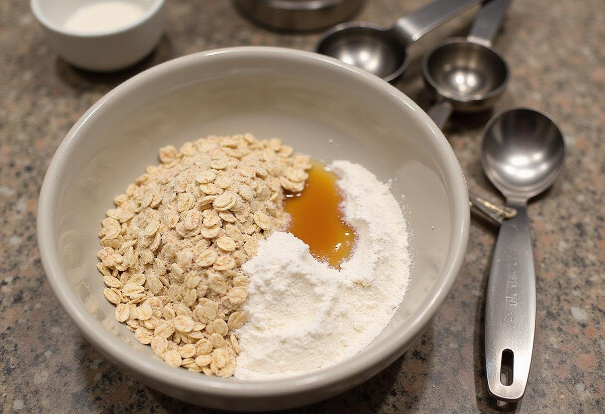 Creating a wholesome mixture for oatmeal protein cookies with rolled oats, protein powder, and vanilla on a kitchen counter.