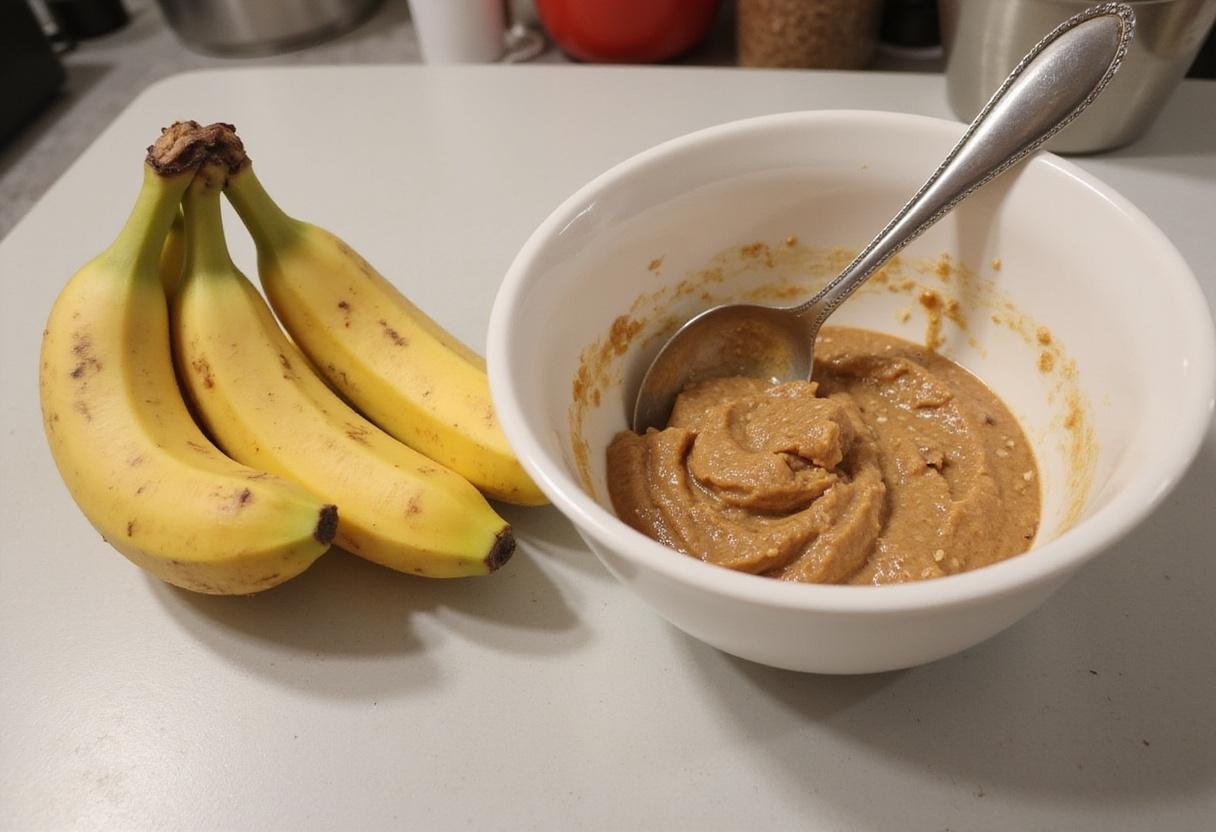 Combining mashed bananas and nut butter for delicious and healthy protein oatmeal cookies on a countertop.