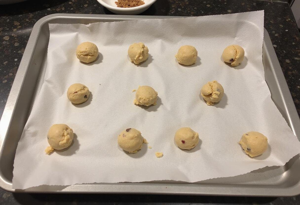 Setting up cookie dough balls on a baking tray for baking delicious protein oatmeal cookies.