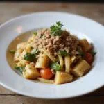 Final presentation of Onion Flakes Delight, showcasing a delightful pasta dish enriched with onion flakes and fresh herbs.