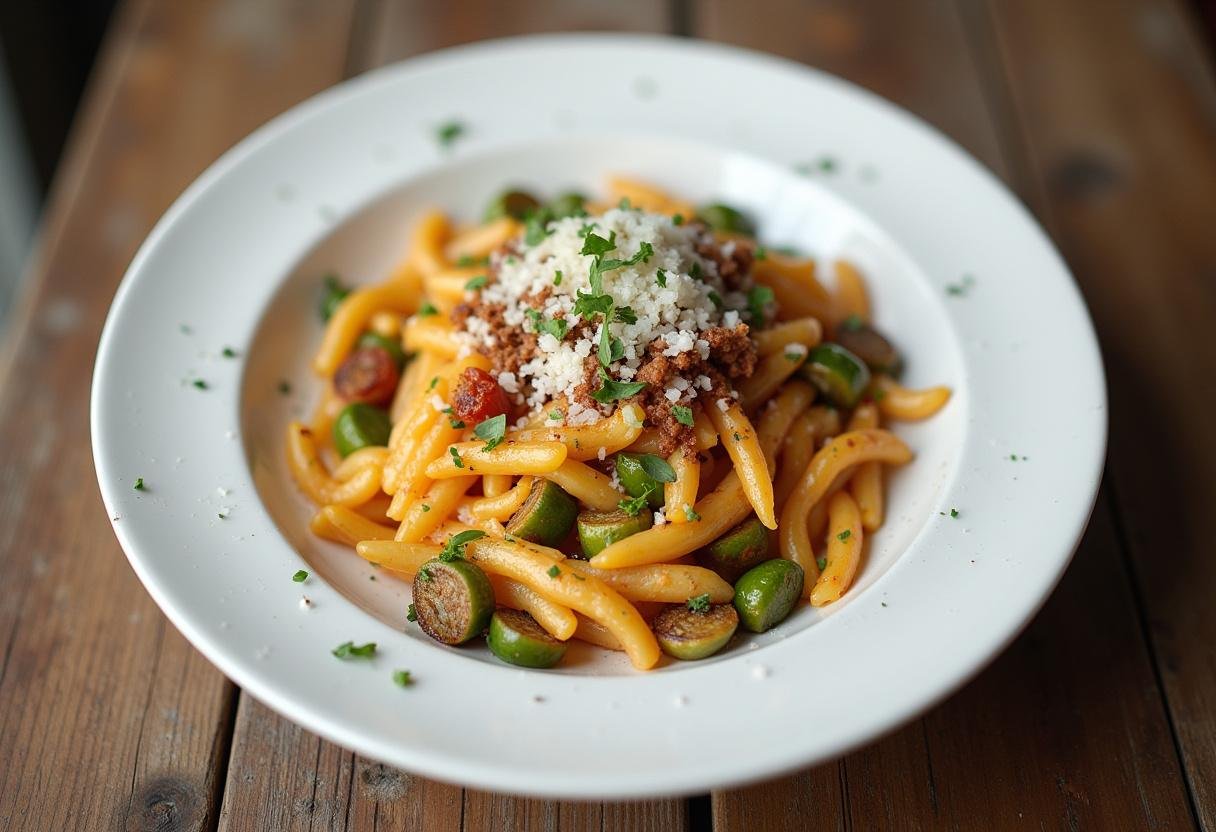 Final presentation of Onion Flakes Delight, showcasing a delightful pasta dish enriched with onion flakes and fresh herbs.