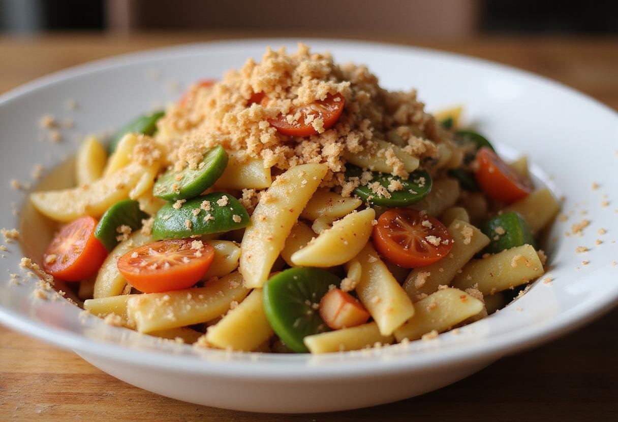 A colorful pasta dish showcasing the use of onion flakes, highlighting their role in enhancing flavors and visual appeal.