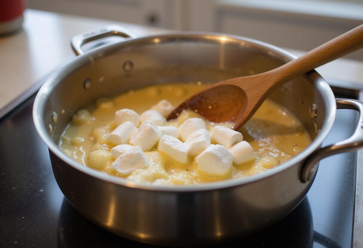 Making original Rice Krispie Treats with melted butter and marshmallows in a pot