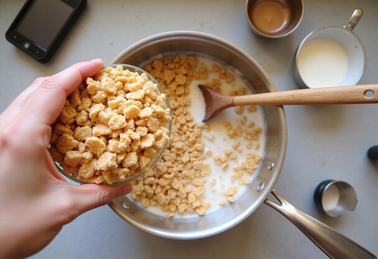 Pouring Rice Krispies into the melted marshmallow mixture for a classic treat