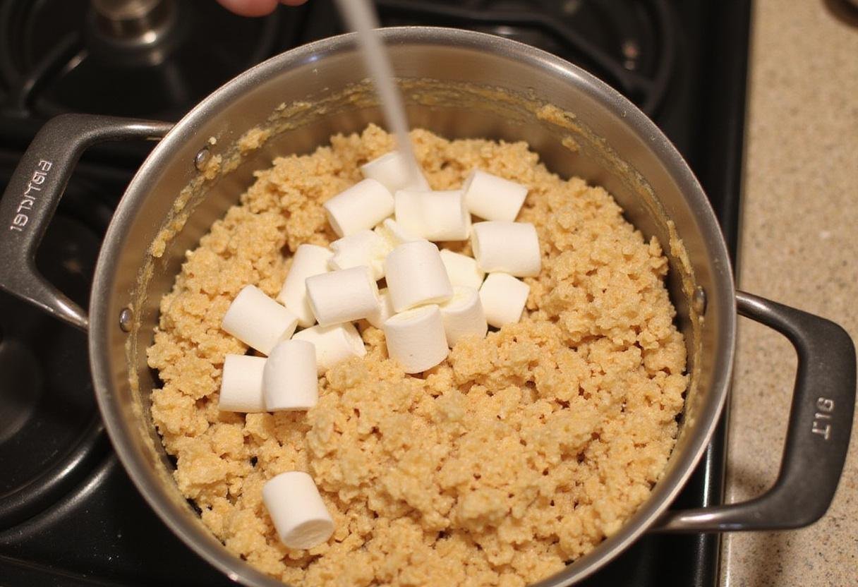 Mixing marshmallows with Rice Krispies for the perfect Rice Krispie Treats
