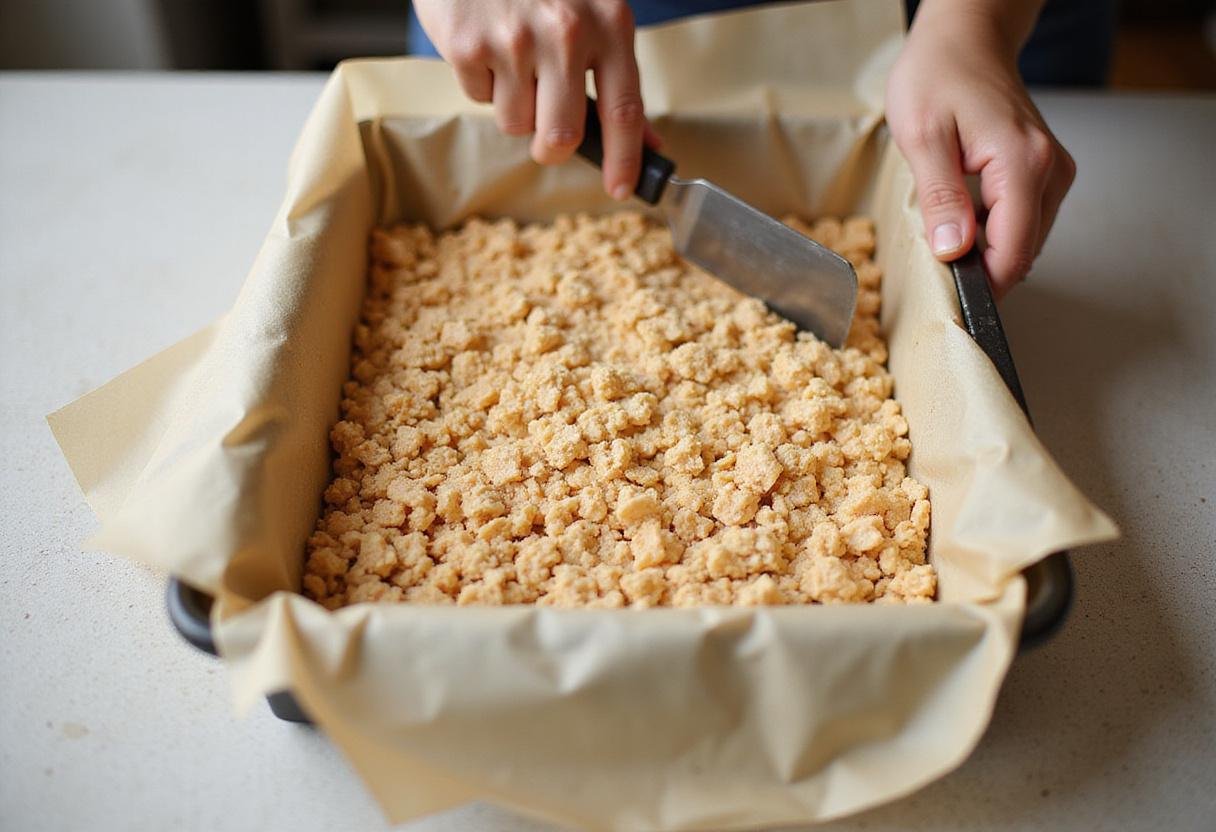 Pressing the Rice Krispie mixture into a baking dish for cooling