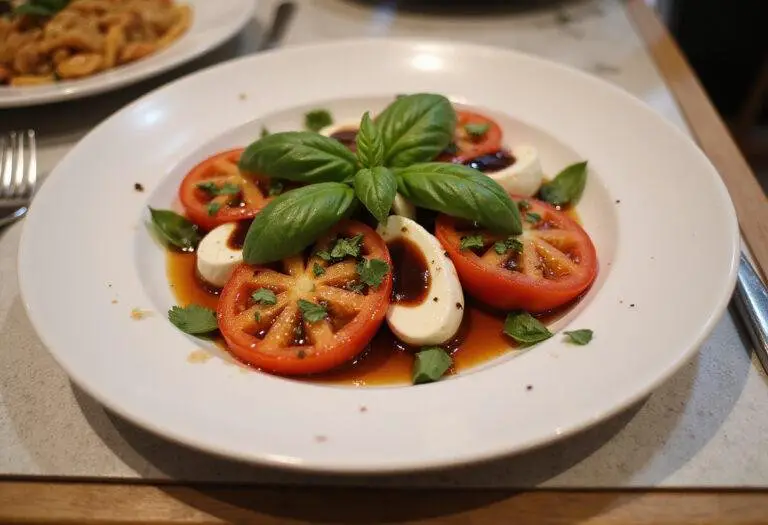 Final presentation of a vibrant jet star tomato salad with mozzarella and basil, beautifully plated for a delicious dining experience.