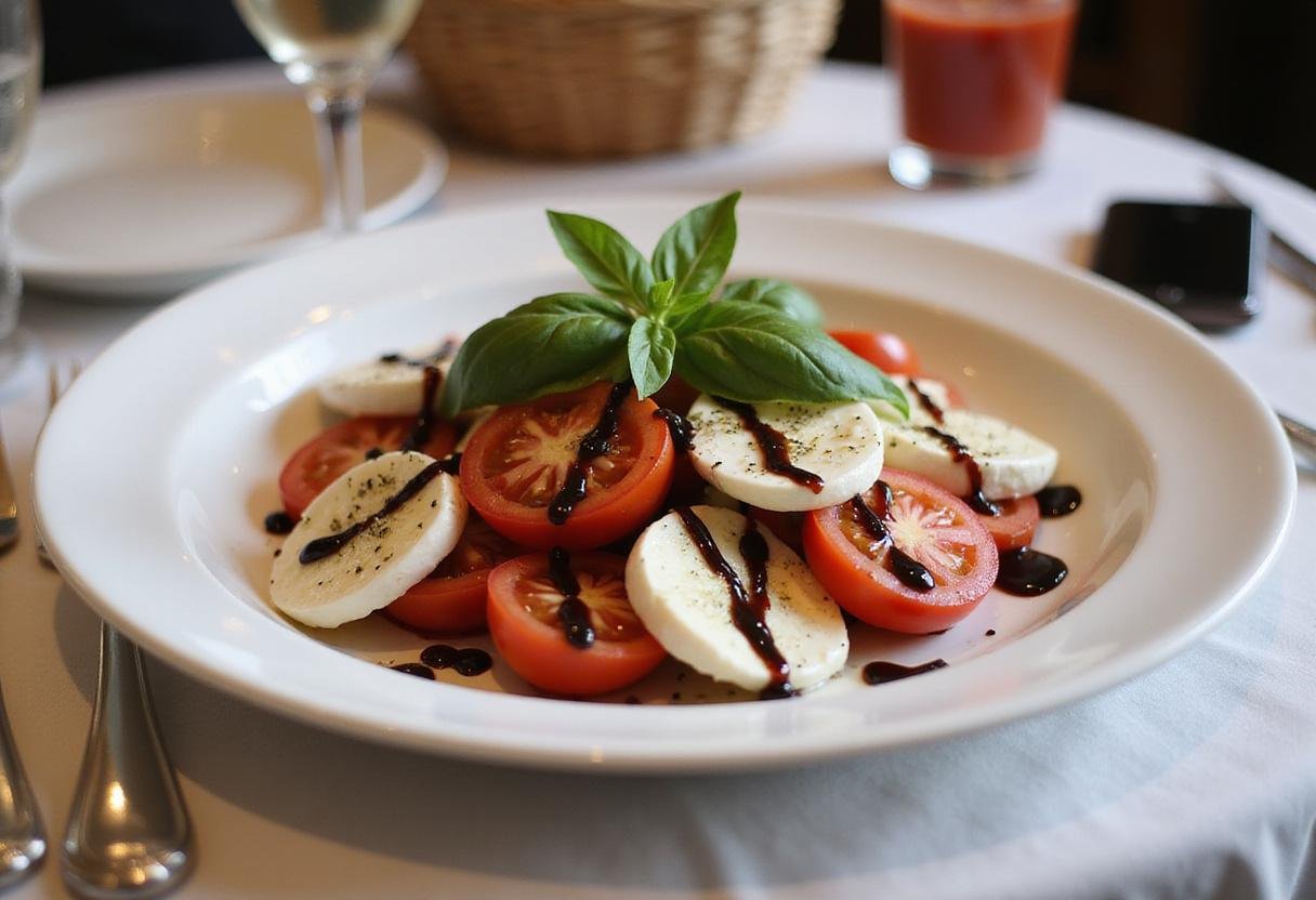 Final presentation of a vibrant jet star tomato salad with mozzarella and basil, beautifully plated for a delicious dining experience.