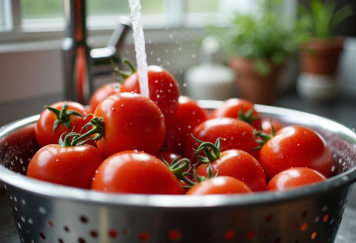 Fresh jet star tomatoes being washed in a vibrant kitchen, highlighting their rich color and fresh ingredients for the perfect recipe.