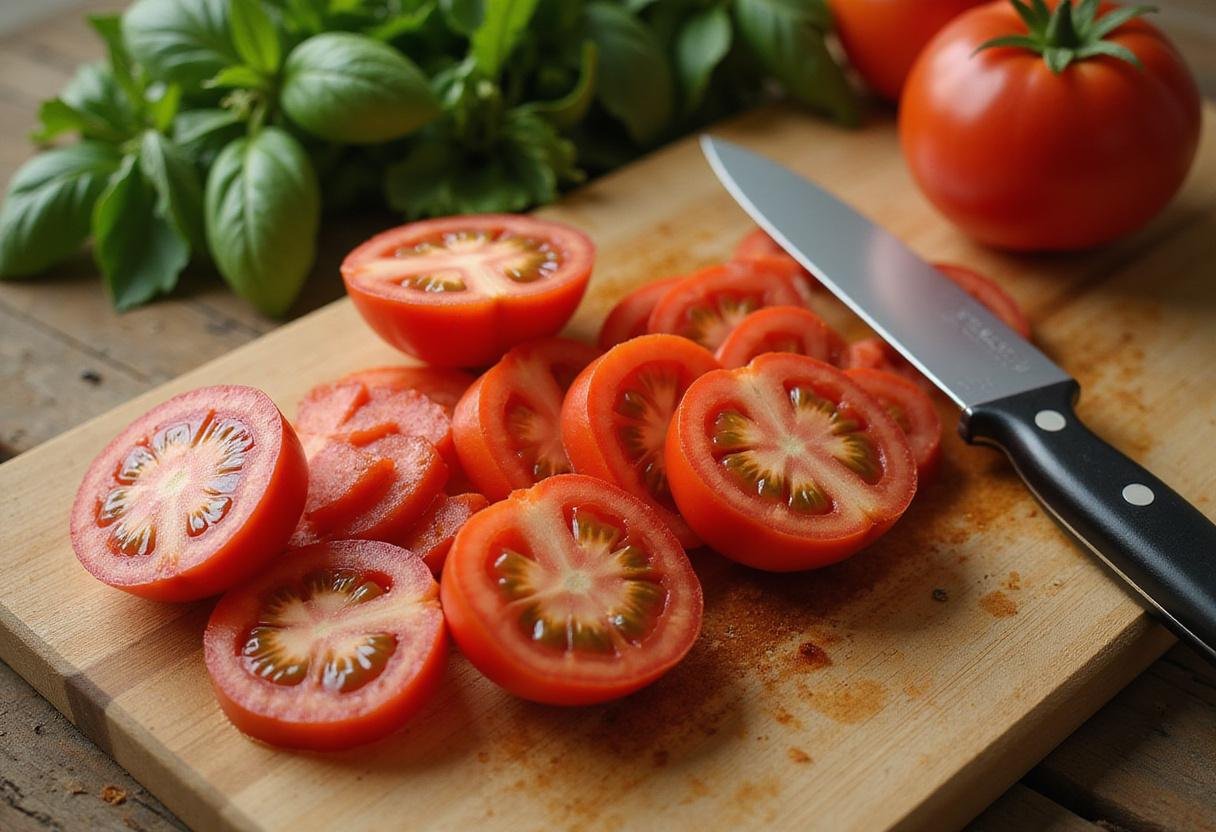 Sliced jet star tomatoes on a wooden cutting board, showcasing fresh ingredients and herbs for a delicious recipe.