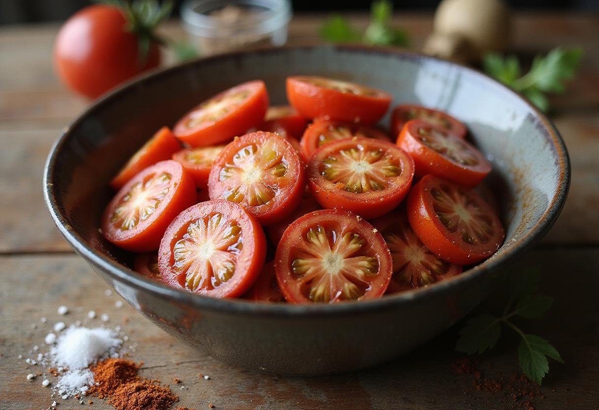 Bowl of seasoned jet star tomatoes drizzled with olive oil, perfect for assembling a flavorful dish in a rustic kitchen.