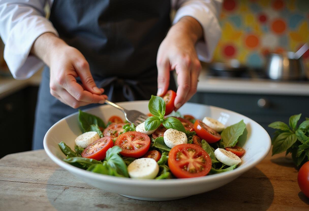 Chef mixing seasoned jet star tomatoes with mozzarella and basil in a large bowl, embodying a vibrant and homely kitchen setting.
